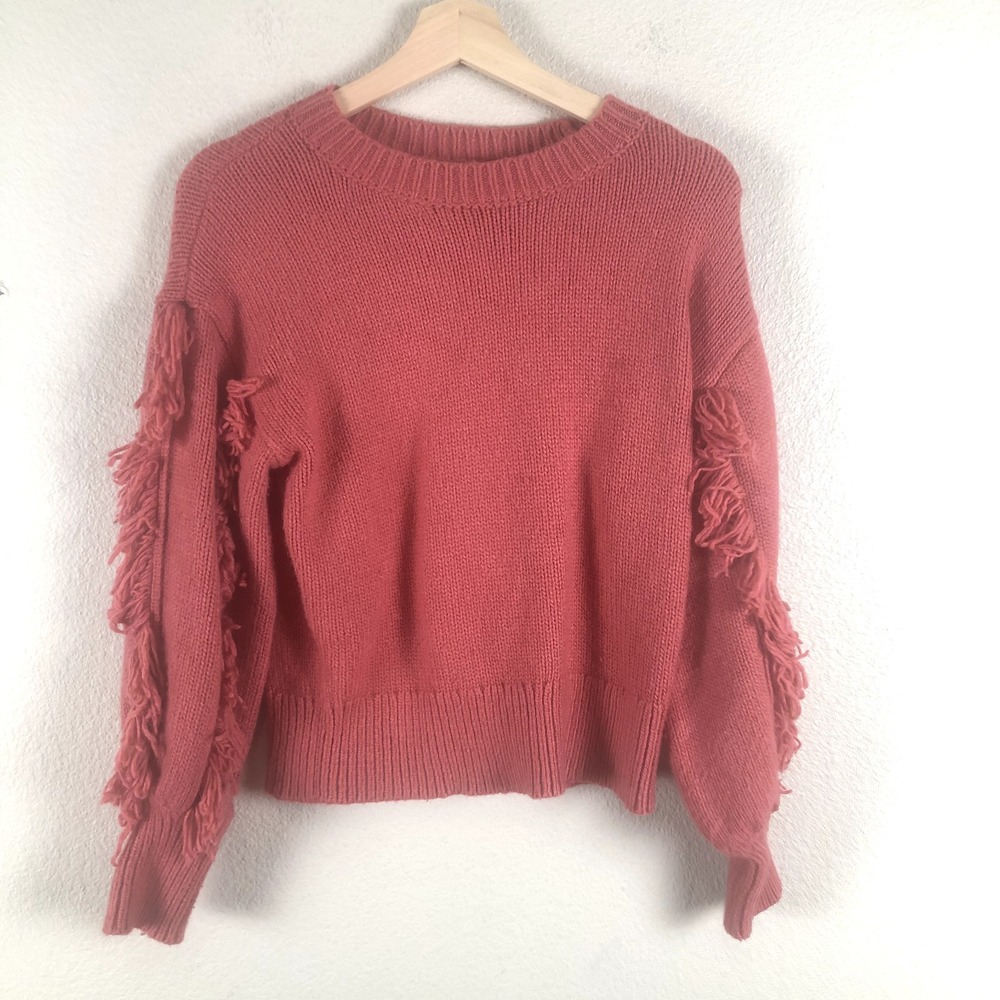 Ann Taylor Boho Sweater Women Small Pink Wool Blend Fringe Soft Crew Neck Casual
